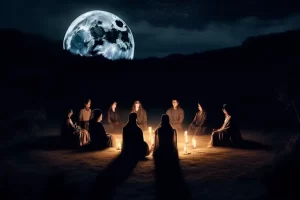 A group of mediums sit outside conducting a seance