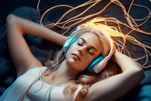image of woman listening to binural beats
