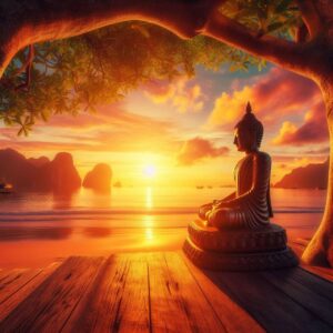 a meditation statute beside a beautiful sunrise