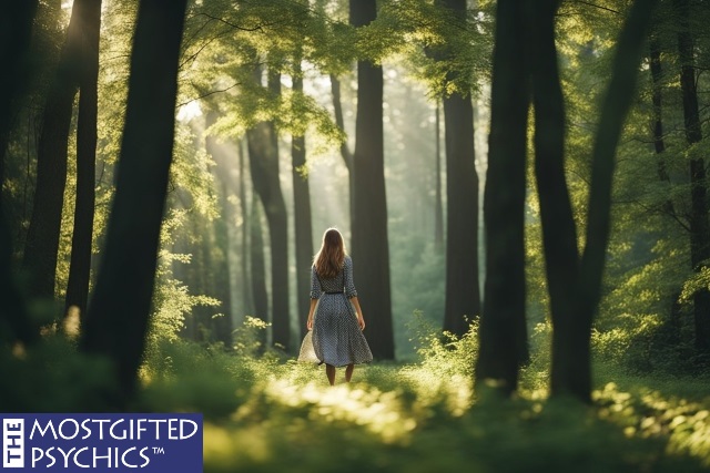 a lady walking in the forest to reconnect with her inner self after a breakup