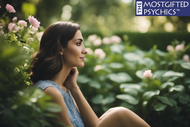 a girl sitting in a garden thinking about love 