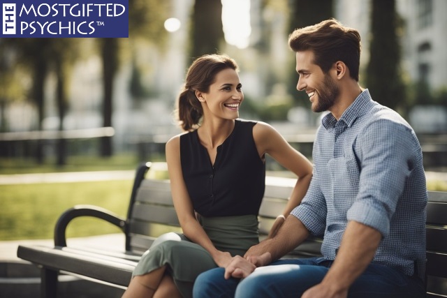 a couple sitting in the park looking like they are deeply in love