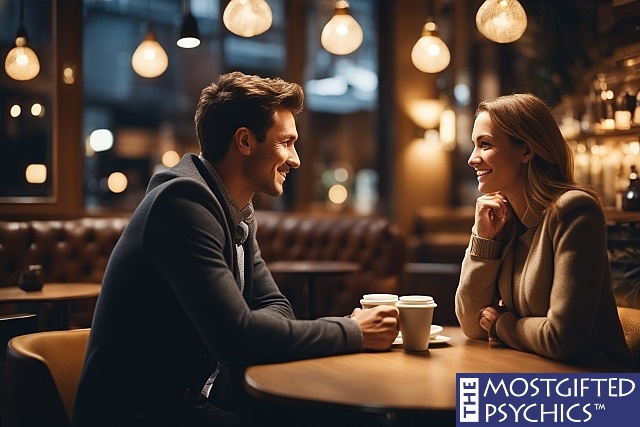 man and woman meet accidently at a coffee shop