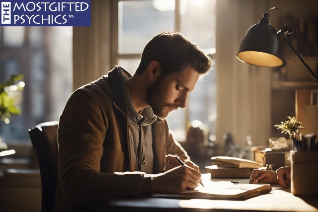 a young man writing poetry at night