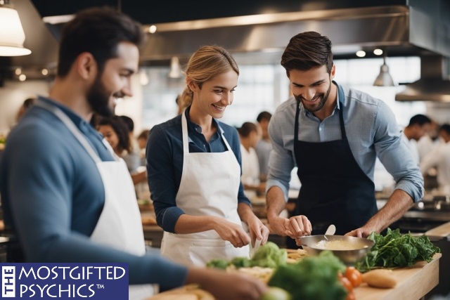 lady approaching a handsome man during a cooking class