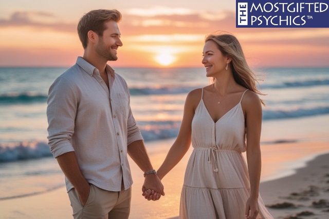 a man and a woman holding hands while having a conversation
