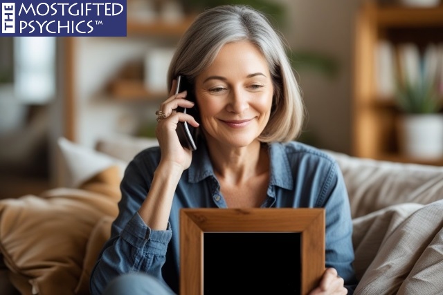 a woman looking at her deceased cat while talking on the phone with a pet psychic