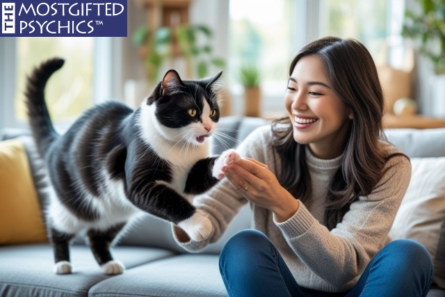 a cat that has become playful around her lady owner who is smiling