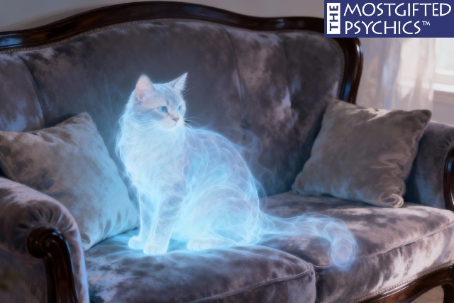 a spirit of deceased cat sitting on the sofa