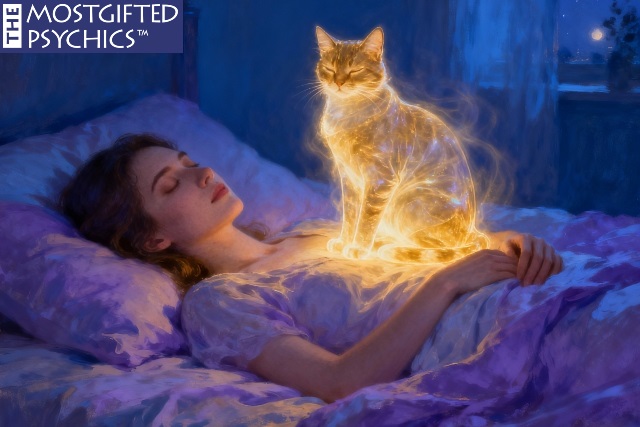 a cat spirit sitting on a woman's chest while she is asleep