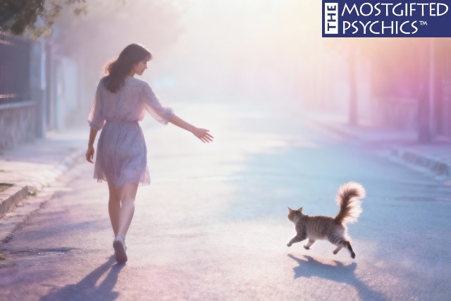 a woman having a dream about reaching out to a fleeing cat