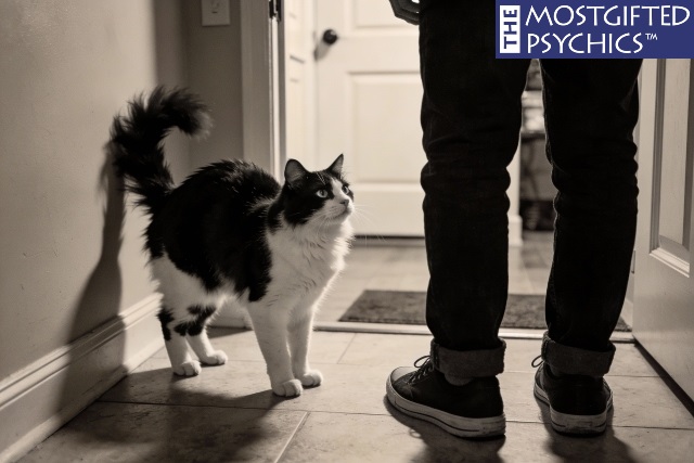 a cat showing body tension in front of a visitor