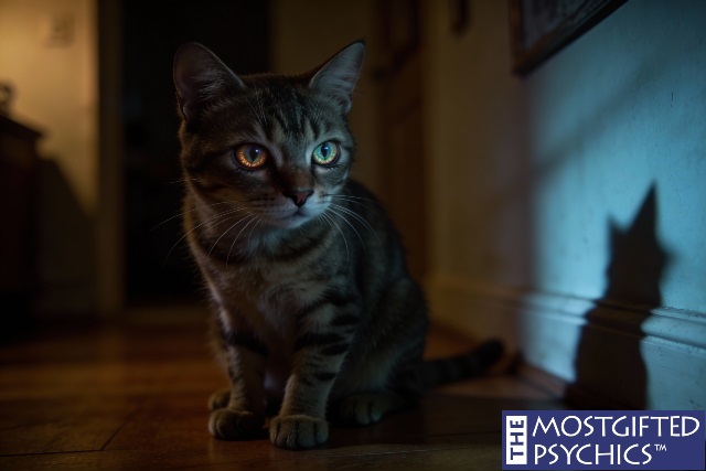 a cat staring at something with human like eyes