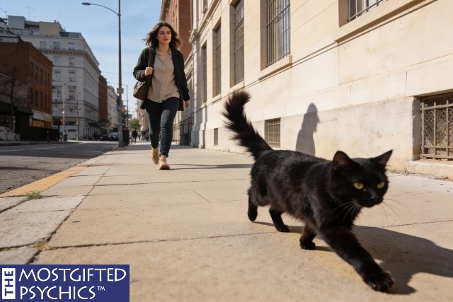 Black cat crossing a woman's path.