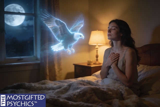 a woman sitting in bed with her hands placed on her chest trying to invite a spirit animal into her dreams