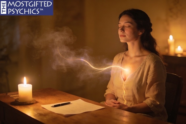 a young woman with a piece of paper and a candle in front of her