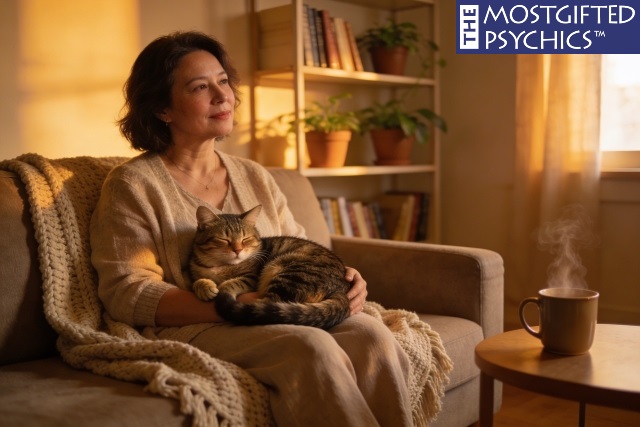 a woman sitting on the sofa with her cat at peace