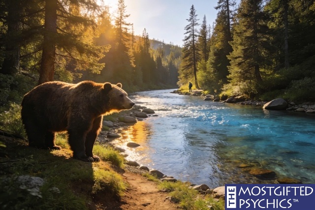 a bear crossing a hiker's path near the river
