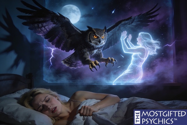 a young woman dreaming of an owl attacking her