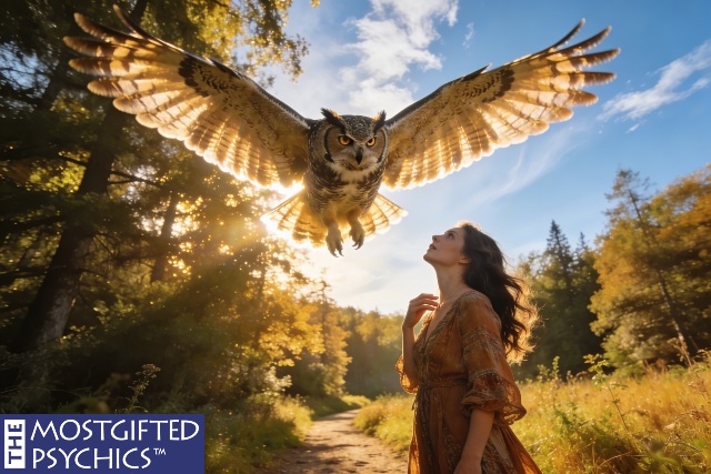 an owl flying over a young woman's head
