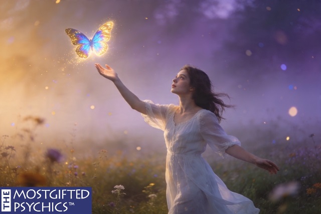 young woman dreaming of trying to catch a butterfly