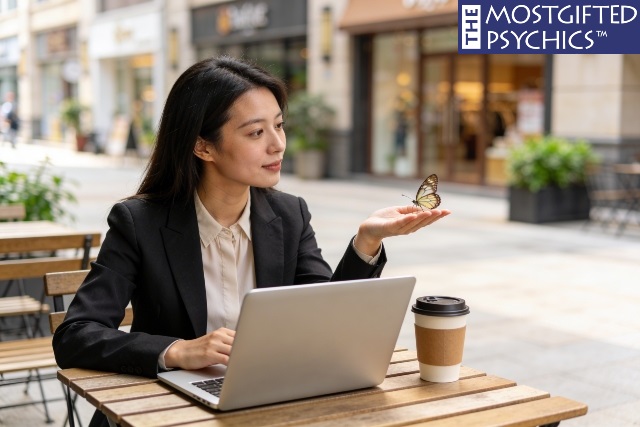 a woman in a coffee shop and a butterfly landing on her hand