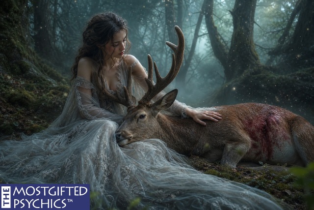 a woman sitting next to a wounded deer in the forest