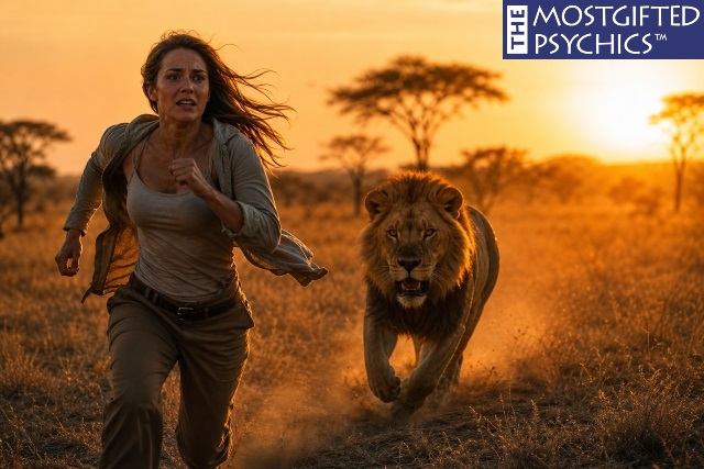 a woman dreaming of being chased by a lion in the savanna