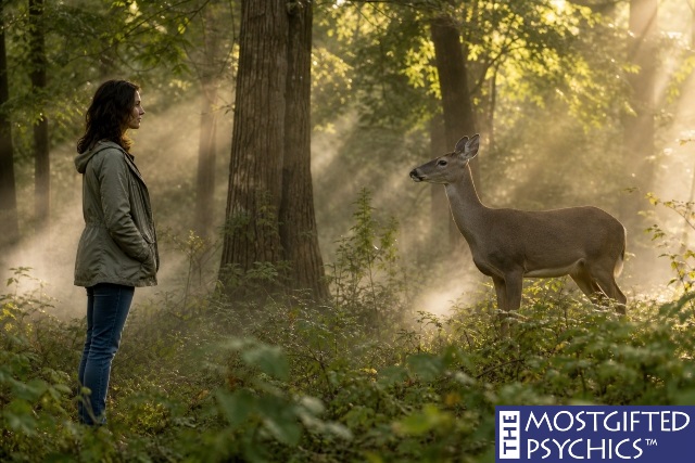 a deer making an eye contact with a woman in the forest