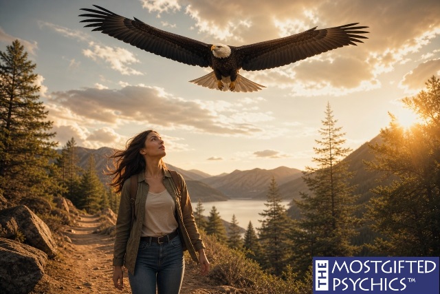 an eagle flying over a woman's head while she is walking in the nature