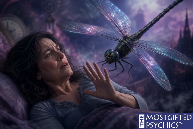 a woman dreaming of a dragonfly attacking her