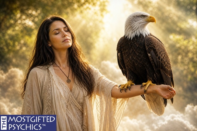 a woman holding an eagle