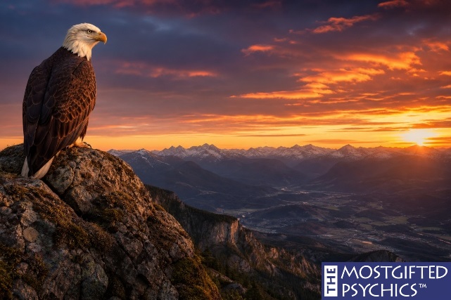 a bald eagle sitting in the shadows of a mountain