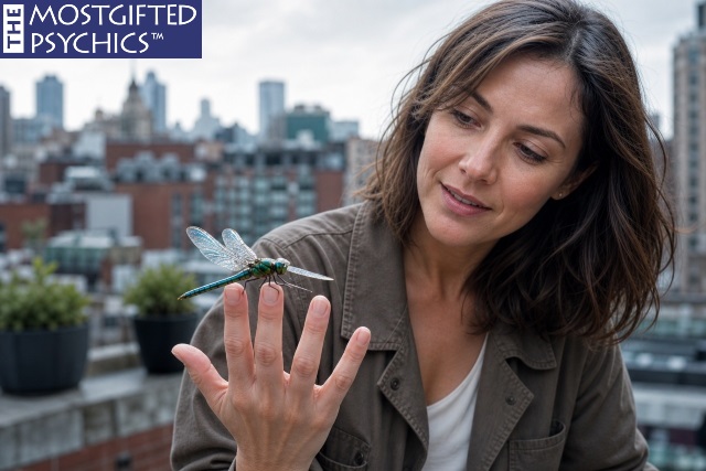 a dragonfly that has landed on a woman's hand