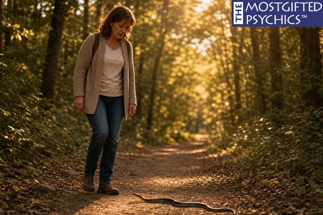 a woman looking at a snake crossing her path in the forest