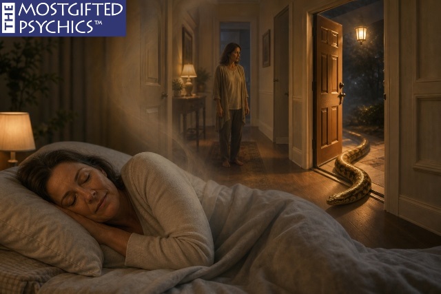 a woman having a dream about a snake entering her home through the backdoor
