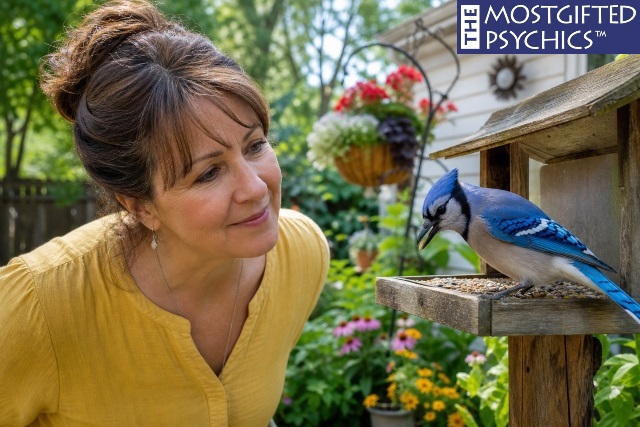 a woman looking at a bird jay at their bird feeeder