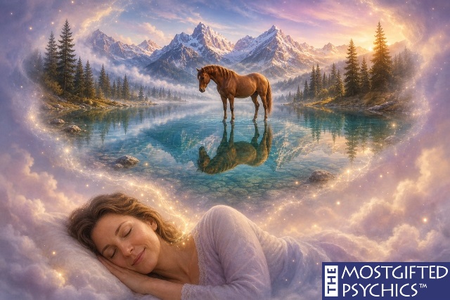 a woman dreaming about a calm brown horse in a mountain lake