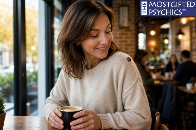 a ladybug landing on a woman's shoulder while she is at a coffee shop