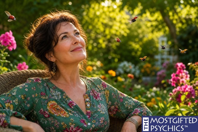 a woman in her backyard looking at different color ladybugs flying around