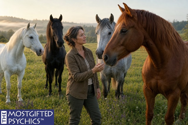 a woman walking in nature encountering horses in different colors
