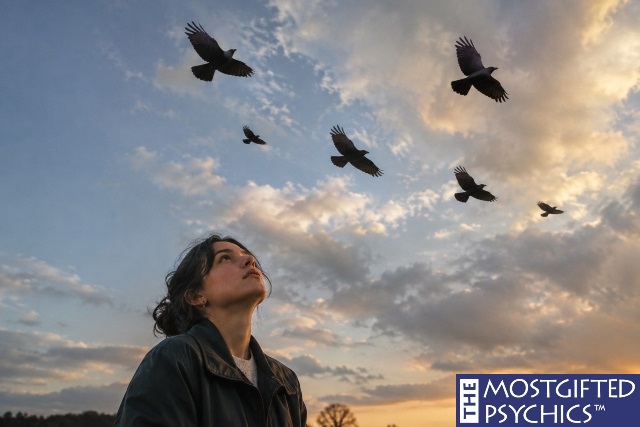 a woman watching a group of crows flyiong over her head