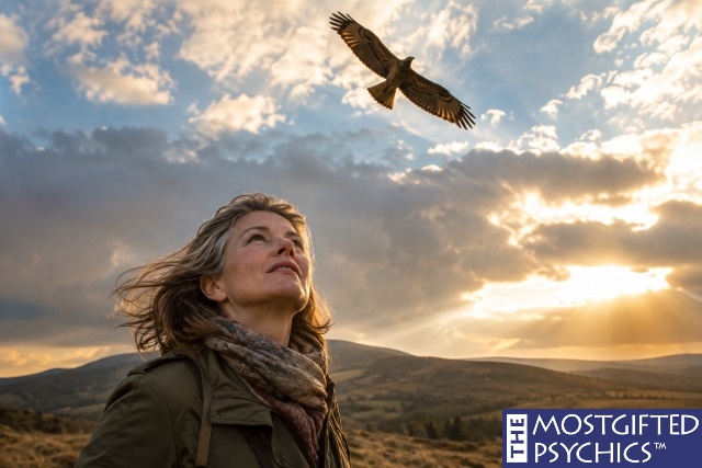a woman looking at a hawk in the sky